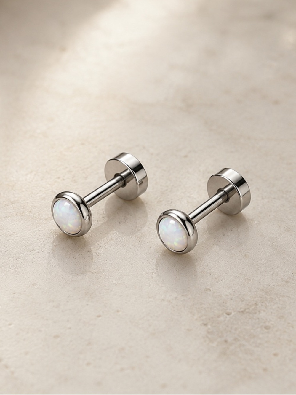 White Opal Flat Back Stud Earrings Stainless Steel 20G 3mm - Picture 4 of 4